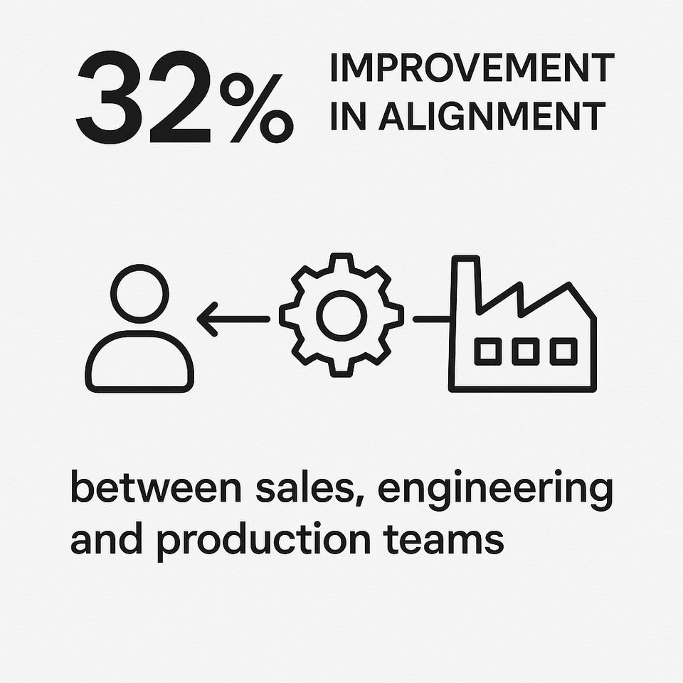 Schematic representation of the benefits of CPQ platforms - 32% improvement in alignment between sales, engineering, and production teams.