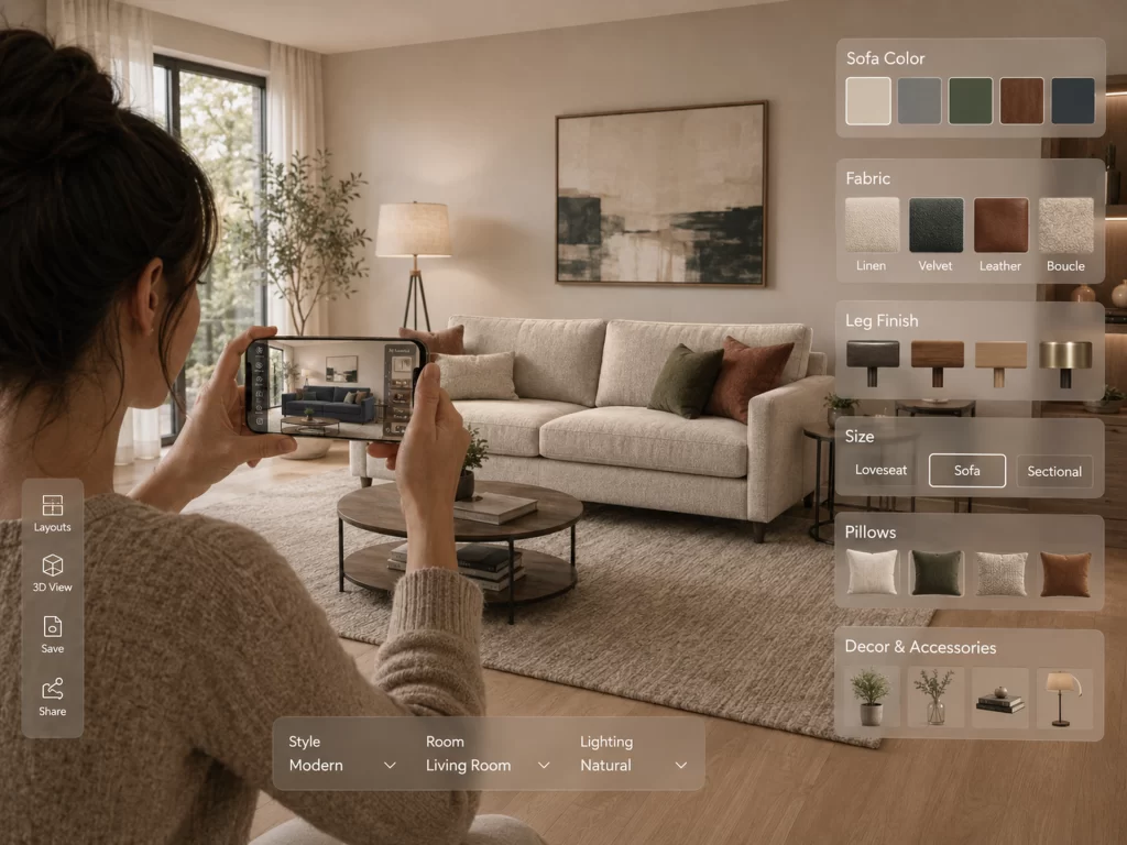 A woman is configuring a sofa via her smartphone and with AR she can see how a sofa would look like in real life