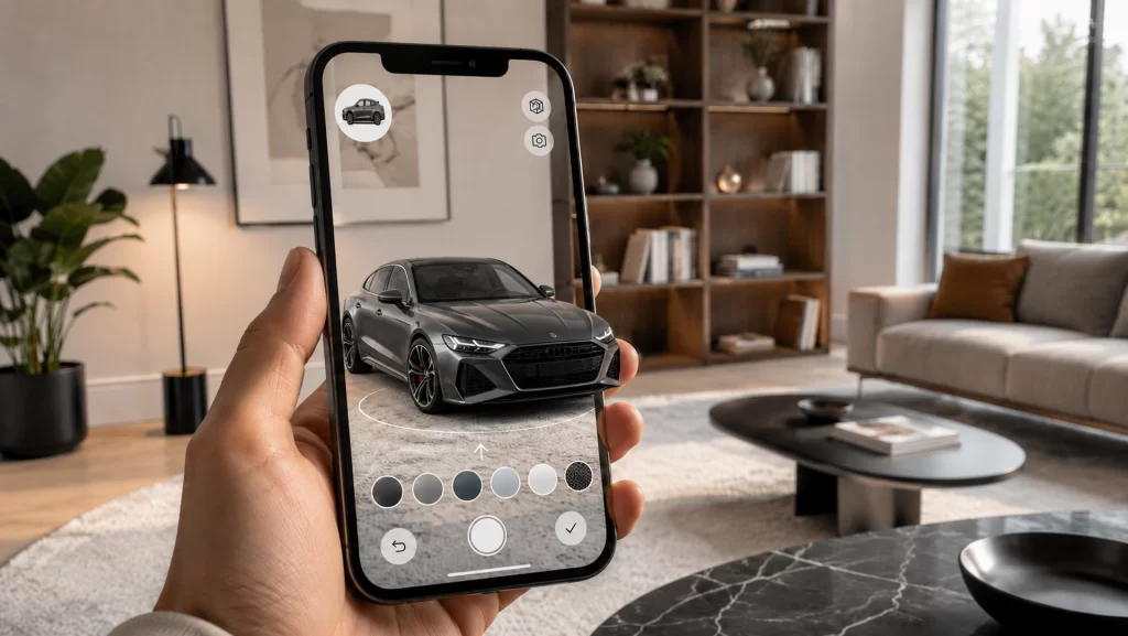 A configurator of a car visible on the screen