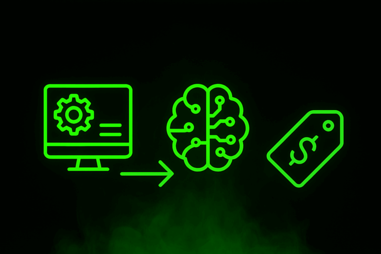 Visual representation of AI, brain, price tag to depict AI and CPQ