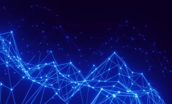 An infographic depicting high-tech: a blue network, blue strings connecting with each other.