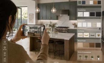 A woman is configuring a kitchen via a smartphone and sees it in real life via AR